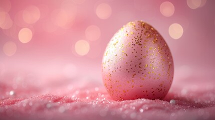 A single golden-speckled pink Easter egg rests on a sparkling surface with soft bokeh lights glowing warmly in the background. Easter banner