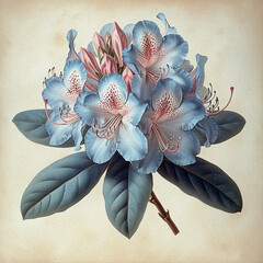 Beautiful large  blue and pink flowers of Rhododendron on creamy wallpaper, vintage style illustration