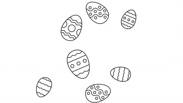 Animated easter eggs icon. Decorated eggs pattern line animation. Painted eggs falling down. Decorative pattern. Black illustration on white background. HD video with alpha channel. Motion graphic