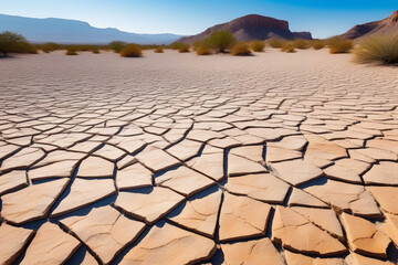 Arid desert landscape with cracked earth and mountains in the distance under clear blue sky