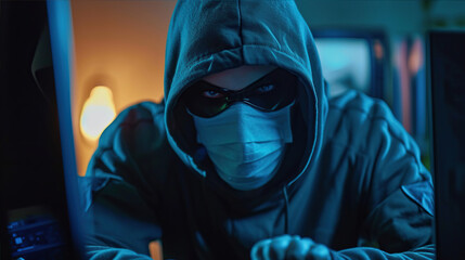 a man in a hooded jacket and mask is sitting at a computer. Is he a fraudster or a hacker