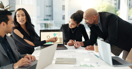 Data presentation, laptop screen or business people collaboration, meeting and consulting on...