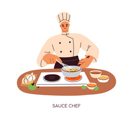 Chef cook making sauce, gourmet gravy. Professional in culinary hat cooking dish, stirring food with whisk, heating on cooker. Kitchen worker. Flat vector illustration isolated on white background