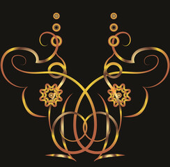 Fantasy illustration with swirls, flowers. Symmetrical ornament, applique, background with space for inscription. Gold gradient on a black background for printing on fabric, applique and cards.