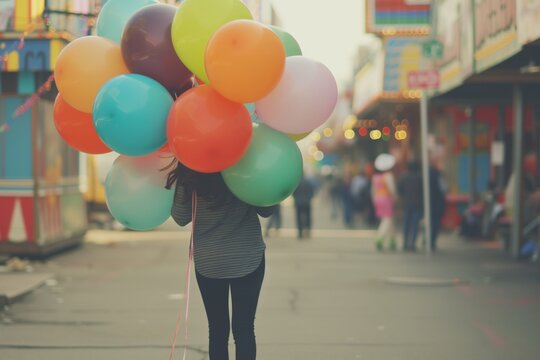 holding balloons while strolling down midway