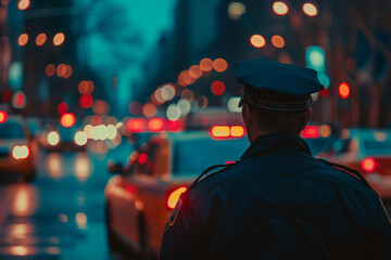 Police Officer on Duty: Vigilant Presence Amidst the Neon Lights of a Bustling City Street, Urban Safety and Law Enforcement, Night Patrol in a Vibrant Downtown District