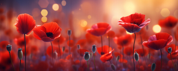 Field of red poppy wild flowers in the morning warm light, generative AI - obrazy, fototapety, plakaty