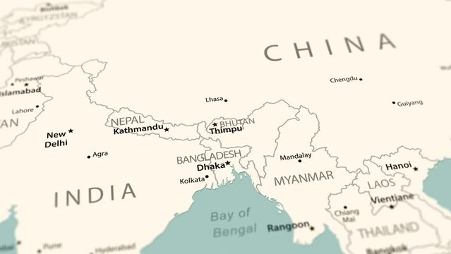 Bhutan on the world map. Smooth map rotation. 4K animation.