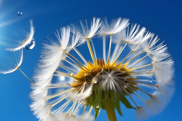 Dandelion seeds blowing away in the wind with water drops, isolated on blue background.