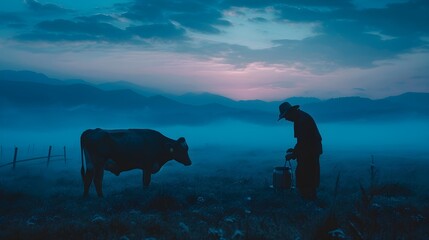 a farmer getting milk from a cow in the morning. farm environment, farm animals and dairy industry