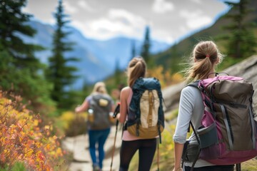 Fototapeta premium female hikers with backpacks on a mountain trail