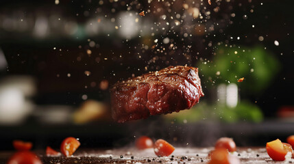 Close-up of falling tasty beef steak