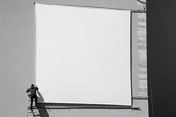 worker climbing ladder beside a blank banner on a facade
