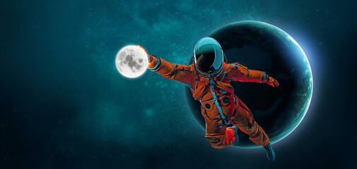 American football, rugby player astronaut in space action and Moon, Mars, Earth planets on the background of the space. 3d render