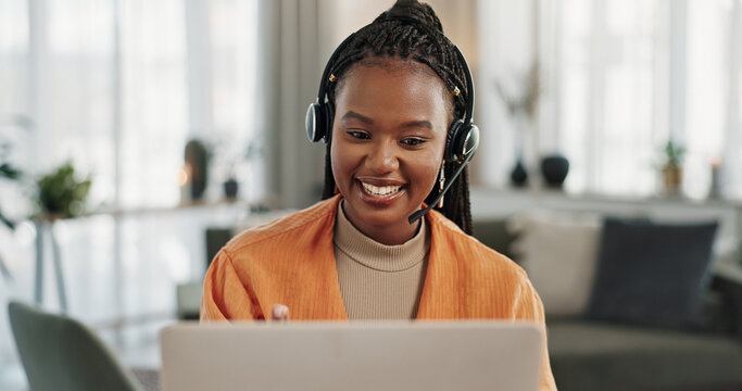 Black woman, webinar in home office with laptop and video call, remote work and crm in apartment. Virtual assistant at desk with computer, headset and conversation for advice, online chat and support