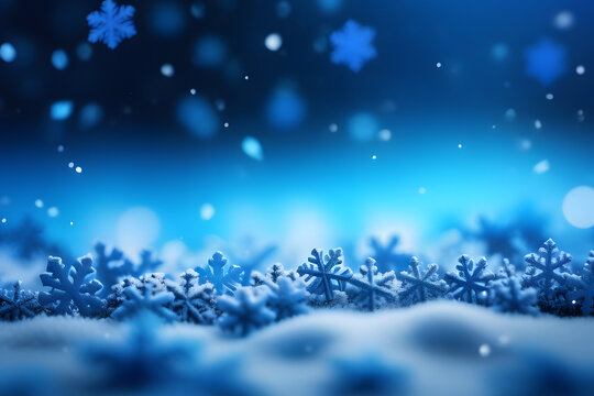 Beautiful Blue Snowflakes and White Snowflakes on a Festive Blue Background with Copy Space