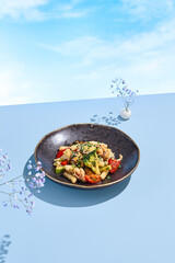 Vegetable Tofu Poke Bowl in Pastel Spring Setting, Ideal for Fresh Summer Menus