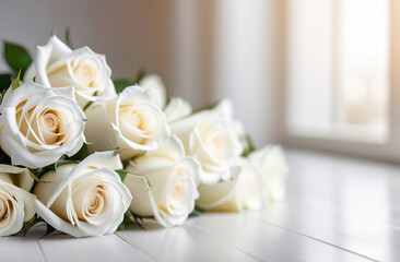 White roses bunch, blurred bokeh background. Defocused space for text placement. Horizontal panoramic banner. Fresh blossoming delicate rose frame, flowers festive floral card, selective focus, toned