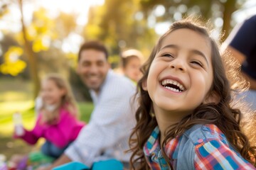 Fototapeta premium family laughing together with picnic in foreground