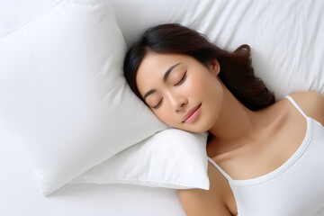 Obraz premium 睡眠の画像。日本人女性がベッドで気持ちよさそうにすやすや眠っている