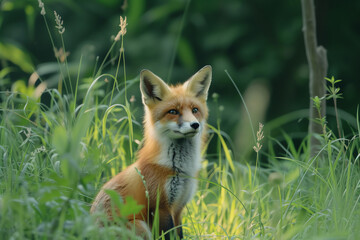 Red Fox Sitting in Tall Grass