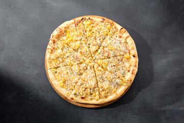 Four cheese pizza with a rich blend of creamy and flavorful cheeses on a golden crust, an Italian classic