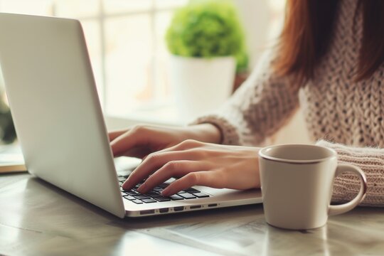 Woman Typing On Laptop With Coffee Mug Beside Her