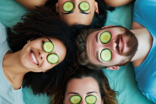 friends with cucumber slices on eyes relaxing