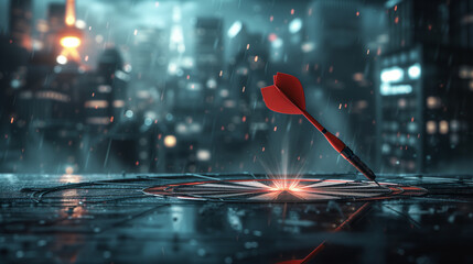 Close-up of red dart fail for hitting the center of target on floor. Missing target, Business failure and loss of focus. Development, Strategic, Success, Goals business and achievement concept.