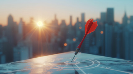 Strategic, Perfect, Success, Goals business and achievement concept. Close up of red dart hitting the center of the target on floor and city view in the morning on background.