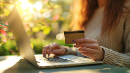 Online shopping, online payment, online banking and financial transaction success concept. Woman hand holding credit card and typing keyboard computer laptop for purchase order on internet.