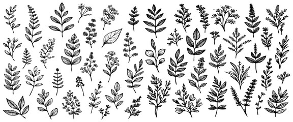 Collection of hand-drawn plant leaves on white background - obrazy, fototapety, plakaty