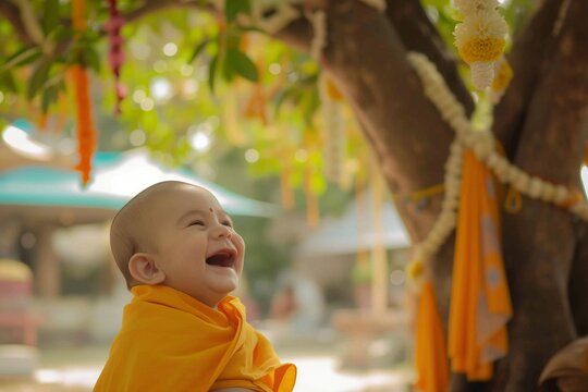 laughing baby in saffron robes under a bodhi tree