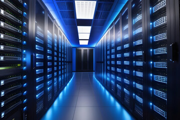 Fototapeta premium Modern Data Center Server Room with Rows of Equipment Cabinets and Efficient Airflow