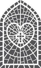 Church glass window. Stained mosaic catholic frame with religious symbol heart with cross. Outline illustration