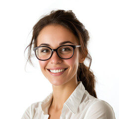 Pleasant and friendly looking smiling young woman with black eyeglasses, messy hair, isolated on white background, professional studio head shot.