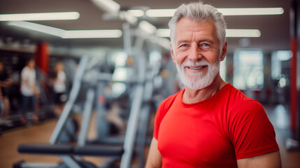 Fototapeta premium 70 year old man in the gym, enjoying a day of exercise. Generated with artificial intelligence
