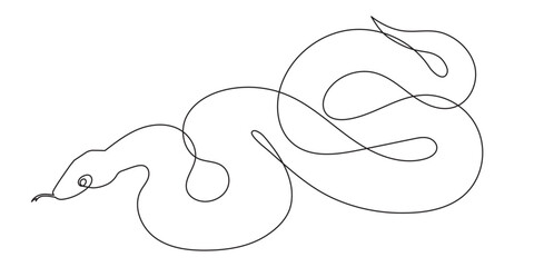 Snake one line art,hand drawn continuous drawing contour,symbol of new year 2025.Poisonous reptile serpent outline,wildlife nature concept.Editable stroke.Isolated.Vector illustration