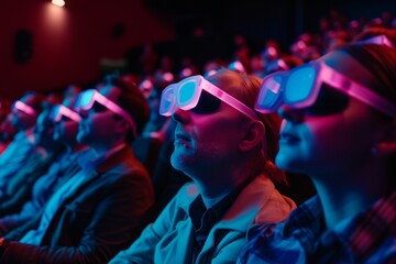 audience with 3d glasses at a holographic show in a theater