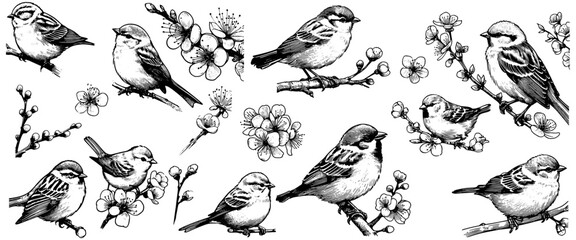 Spring garden compositions with birds, flowers, leaves and flowering tree branches. Hand drawn illustrations of cherries. Collection of nature sketches