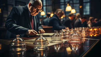 Fotobehang A sommelier in a classic suit carefully checks the quality of the wine in the elegant atmosphere of the restaurant with soft lighting. Concept: culture and training for a restaurant and wine bar © Marynkka_muis