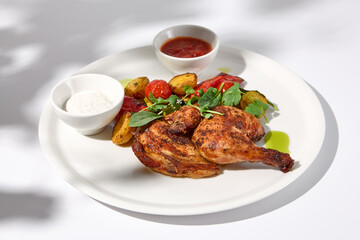 Grilled chicken tabaka with roasted vegetables and sauces on white, with shadows adding depth to the presentation