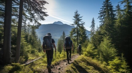 Obraz premium The mountain hikers trekking carrying rucksacks journey passes through a path in the middle of a pine tree forest scene, outdoor adventure camping.