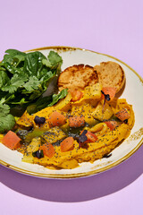 Close-up of nutritious sweet potato pate with a mix of greens and peanut bread, on a vintage plate with a purple backdrop