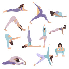 Yoga poses flat design girls character assana meditation set