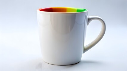 Mockup white mug, with LGBTI+ flag colors on the inside.AI.