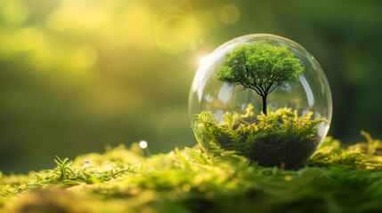 Sun shines to the tree in glass sphere. Development, Earth day, world environment day, Eco friendly, ESG, Credit Carbon, Green business, finance and saving money for sustainability investment concept.