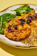 Close-Up of Vegan Sweet Potato Cakes with Vegetable Salsa and Spinach on a Yellow Background. Ideal for Healthy Lifestyle and Plant-Based Diet Promotions