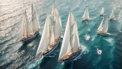 Regatta of sailing ships with white sail