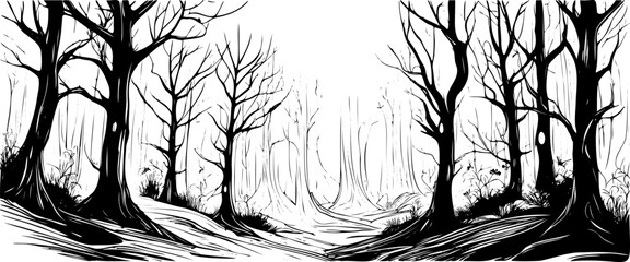Horror forest, sketch with creepy night sky landscape, fantasy forest in moonlight, vector sketch illustration